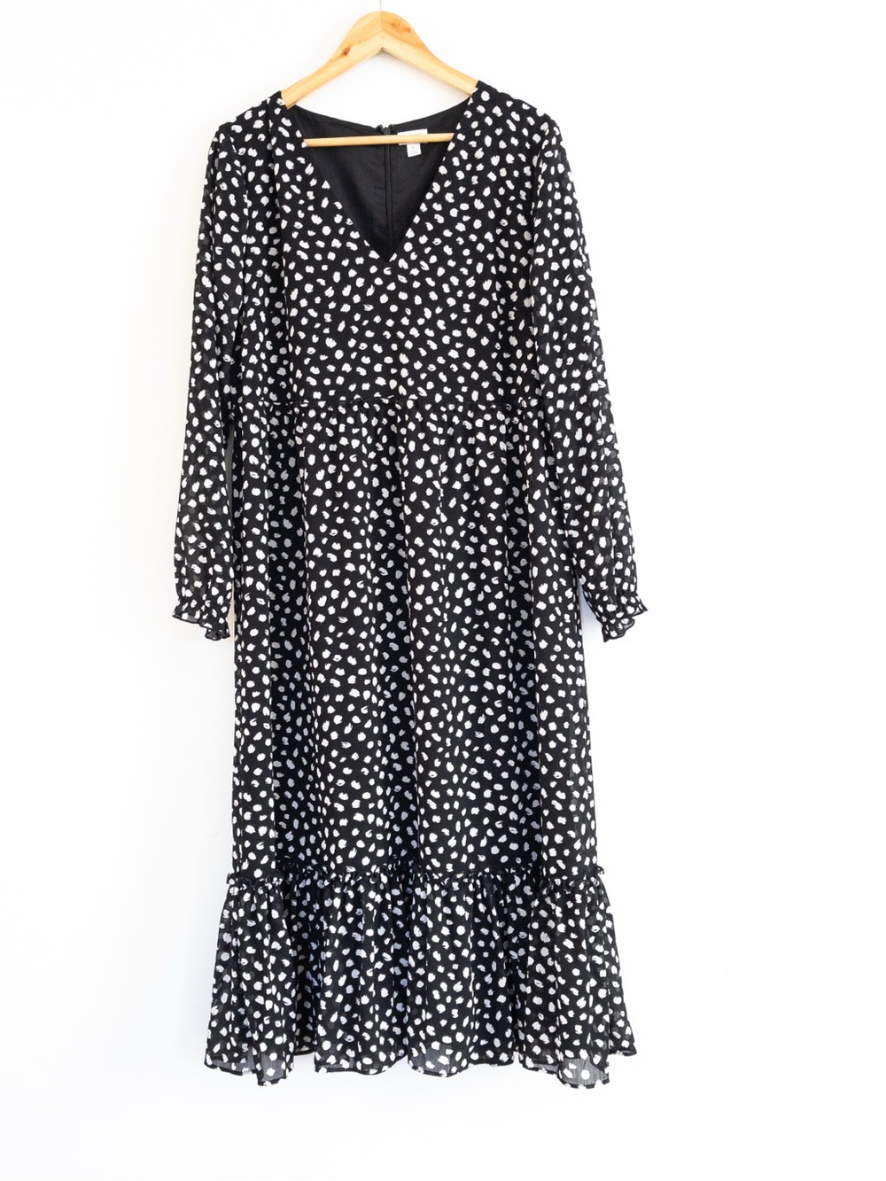 J. Crew Black White Ruffle Hem Abstract Dot Maxi Dress Large Party Feminine